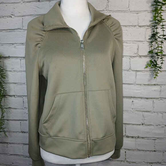 WOMENS DKNY OLIVE ZIP UP JACKET,  SHOULDERS ARE GATHERED, CUFFED SLEEVES SIZE S - Picture 1 of 10